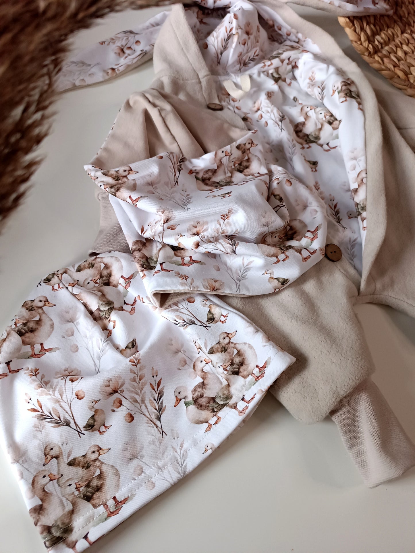 Vintage Ducks Mütze Loopschal Set Neutral Basic Beige Handmade AltuHandmade