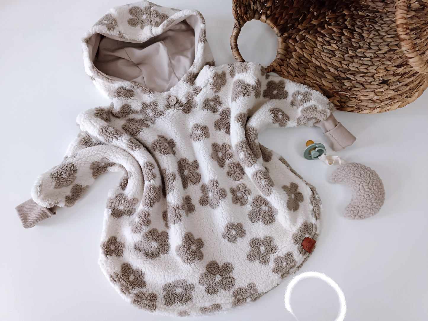 Sofortkauf 98/104 Teddy Blümen Beige Poncho Cape Jacke Handmade AltuHandmade