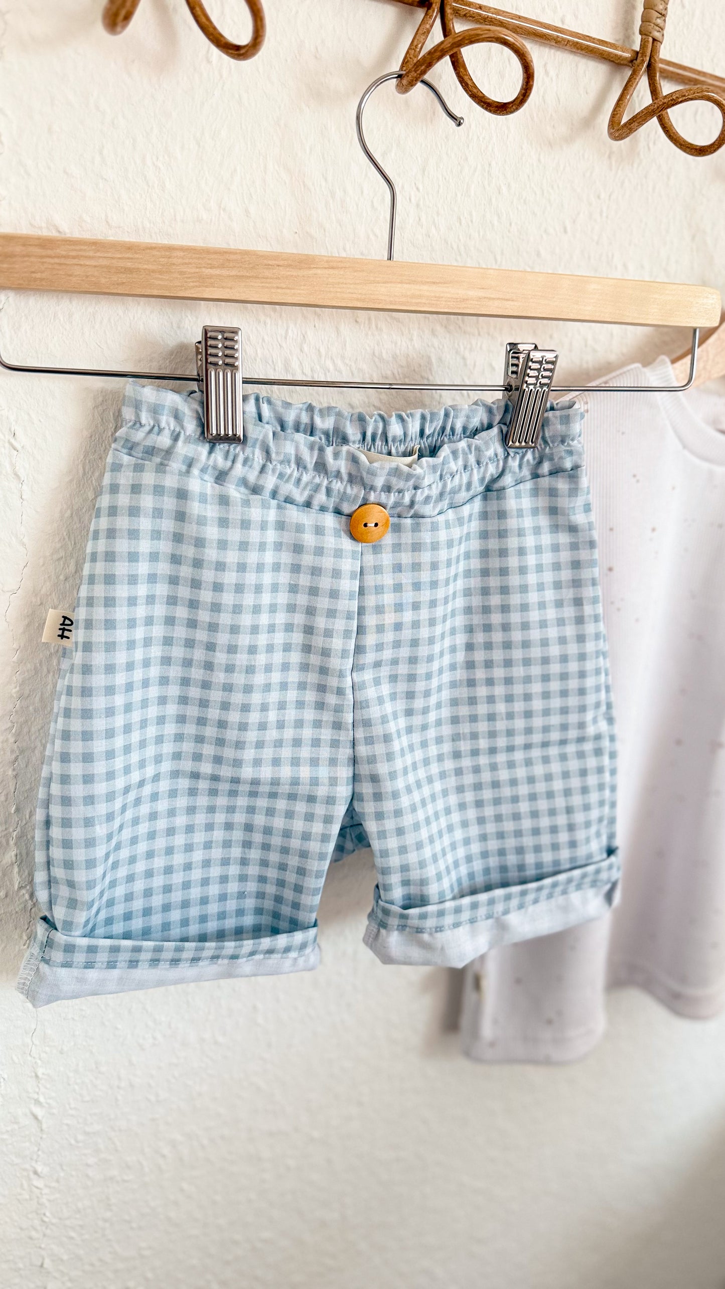 Handgemachtes Shorts aus Baumwolle Popeline|Weiß-Blau Caro