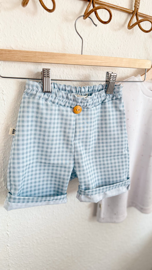 Handgemachtes Shorts aus Baumwolle Popeline|Weiß-Blau Caro