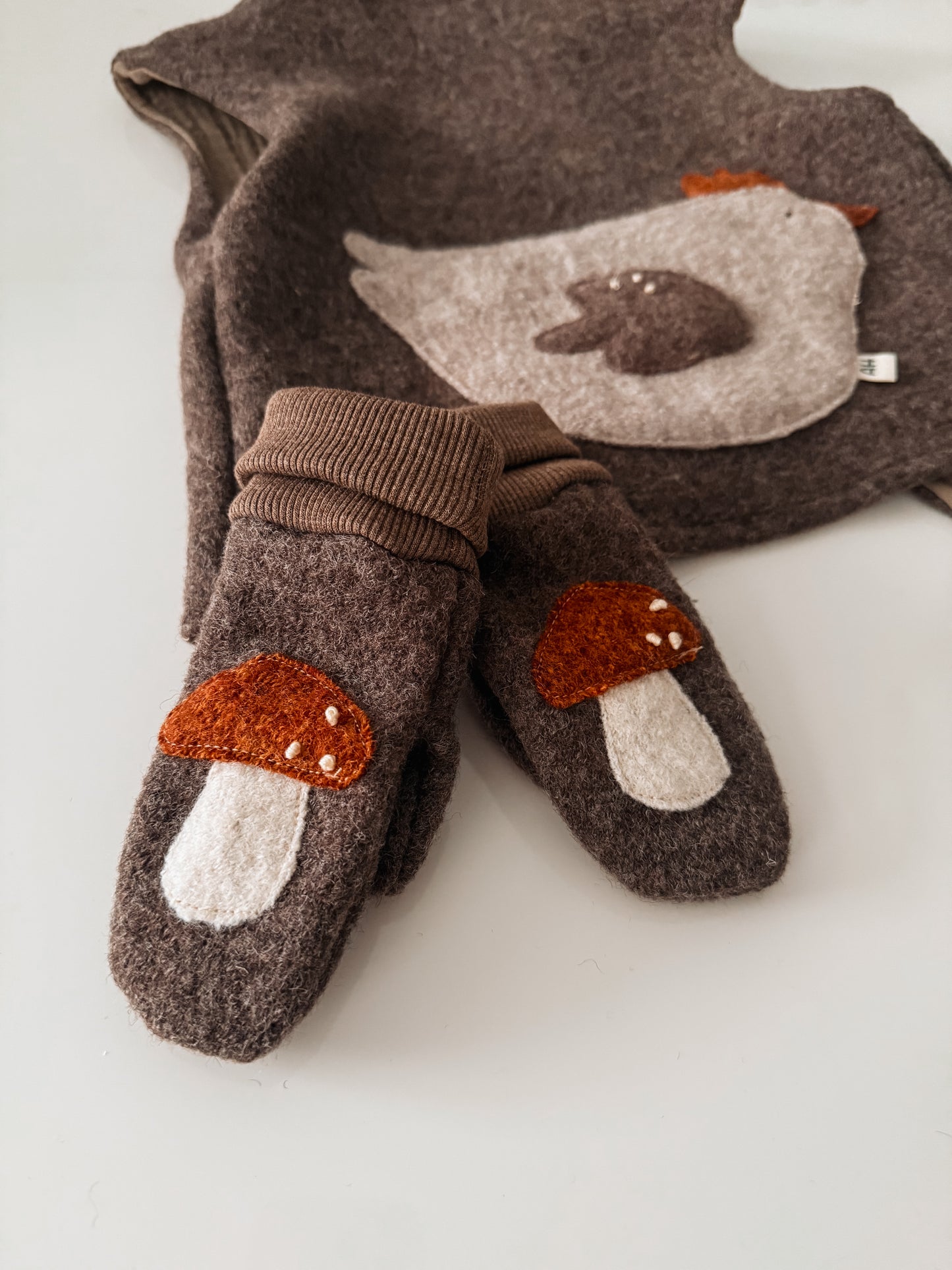 Walkstoff-Fäustlinge/Handschuhe für Babys & Kinder mit Pilze – 100% Schurwolle, ungefüttert