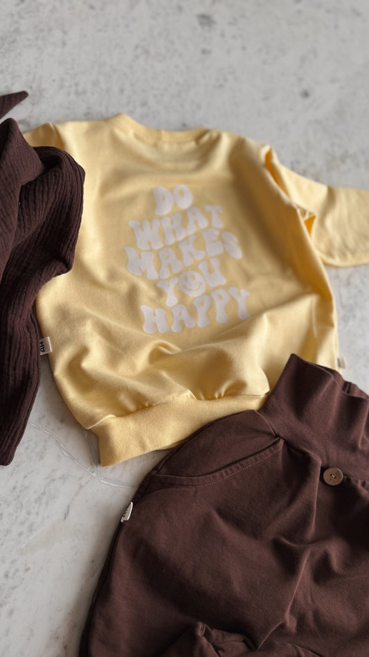 Handgemachter Kinder-Sweatshirt „Do what makes you happy“ - Sonnengelb
