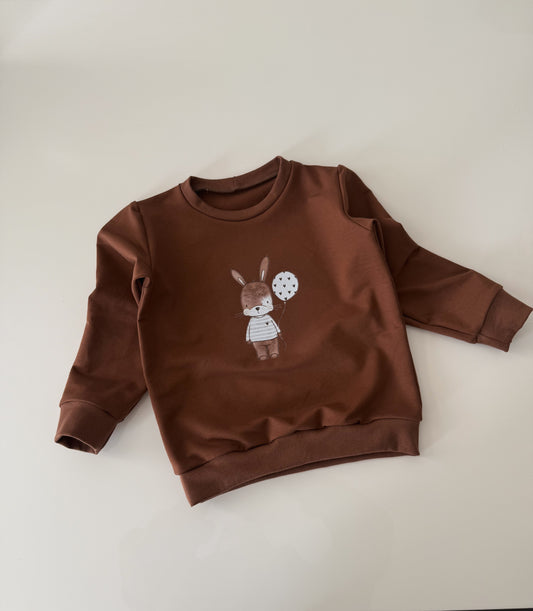 Handmade Braun Pullover mit Hase Motiv aus Baumwolle French Terry