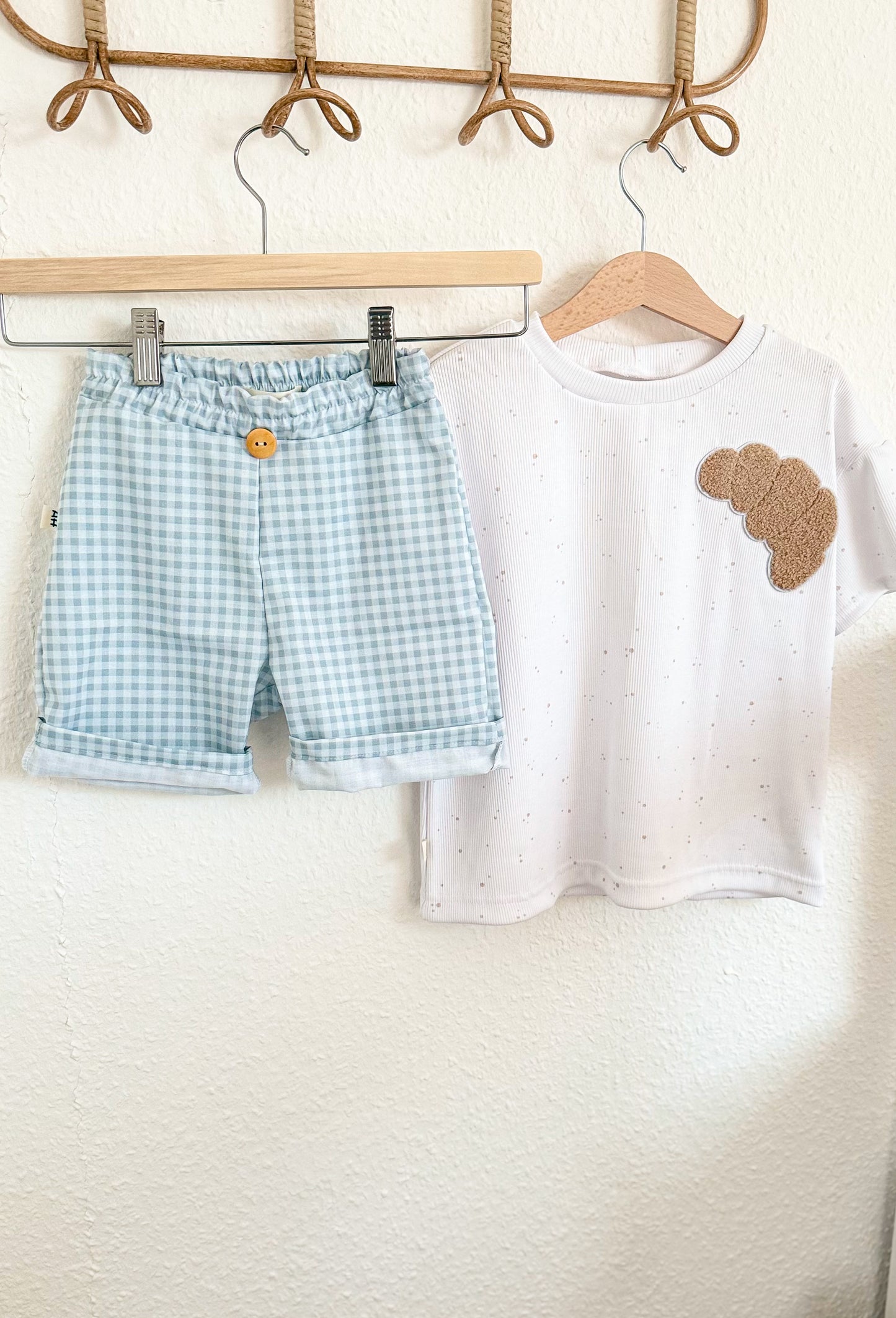 Handgemachte Baby & Kinder Gingham-Shorts aus Bio-Baumwoll-Popeline – Salbeiblau/Weiß