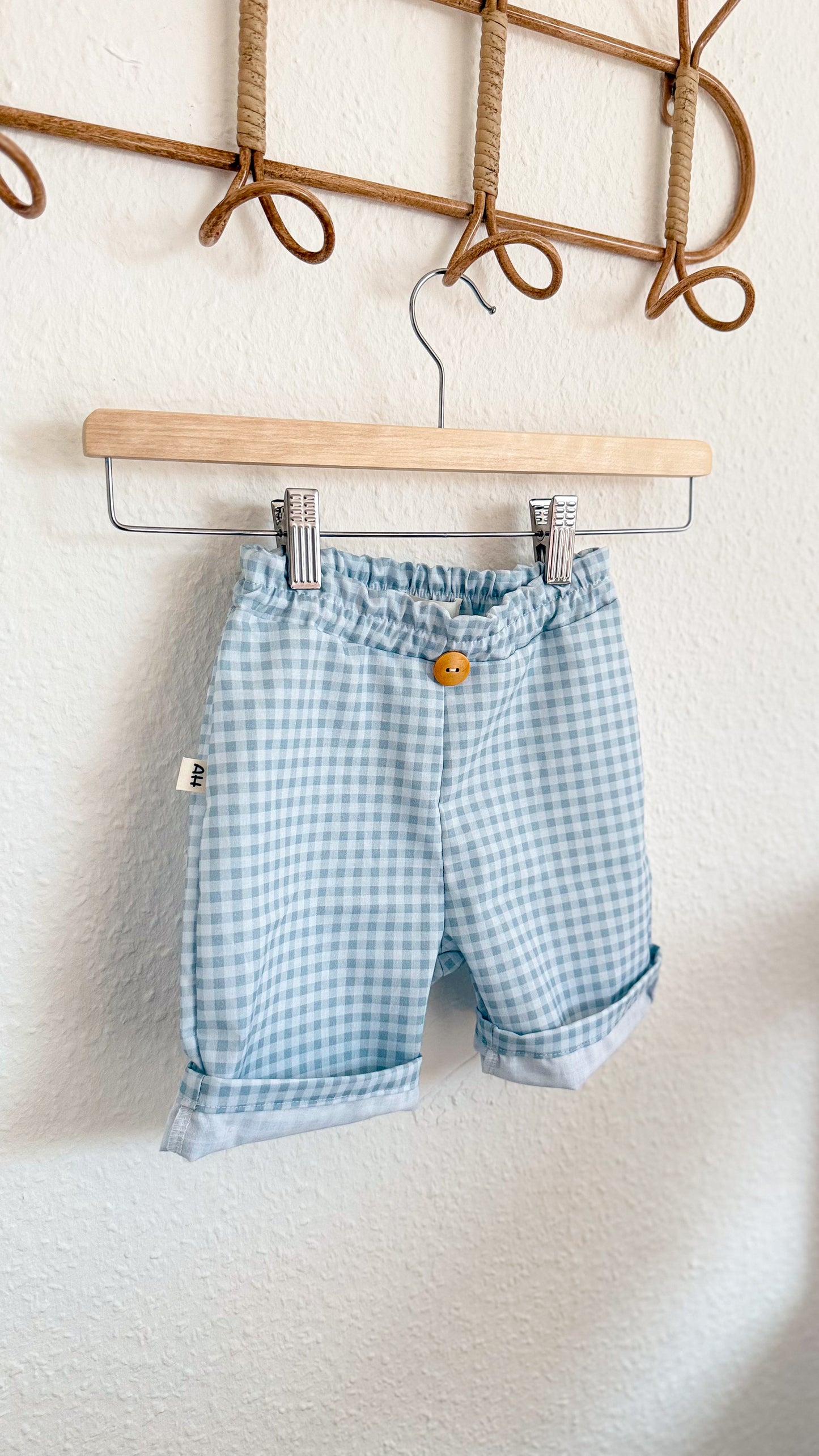 Handgemachte Baby & Kinder Gingham-Shorts aus Bio-Baumwoll-Popeline – Salbeiblau/Weiß