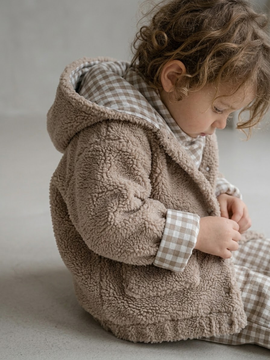 Handgemachte Kinder Baumwolle Teddyjacke mit Karofutter – Kuschelige Übergangsjacke (Unisex)