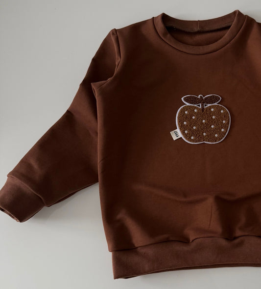 Braun Kinder Pullover mit Apfel Patch. Handmade aus Baumwolle French Terry 