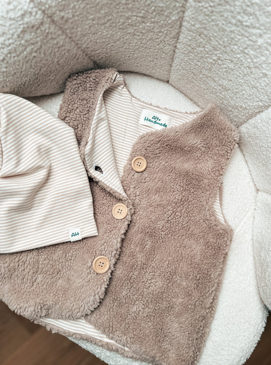 Handgemachte Kinder Teddy-Weste aus Baumwolle – Beige / Stone (Gestreiftes Innenfutter)