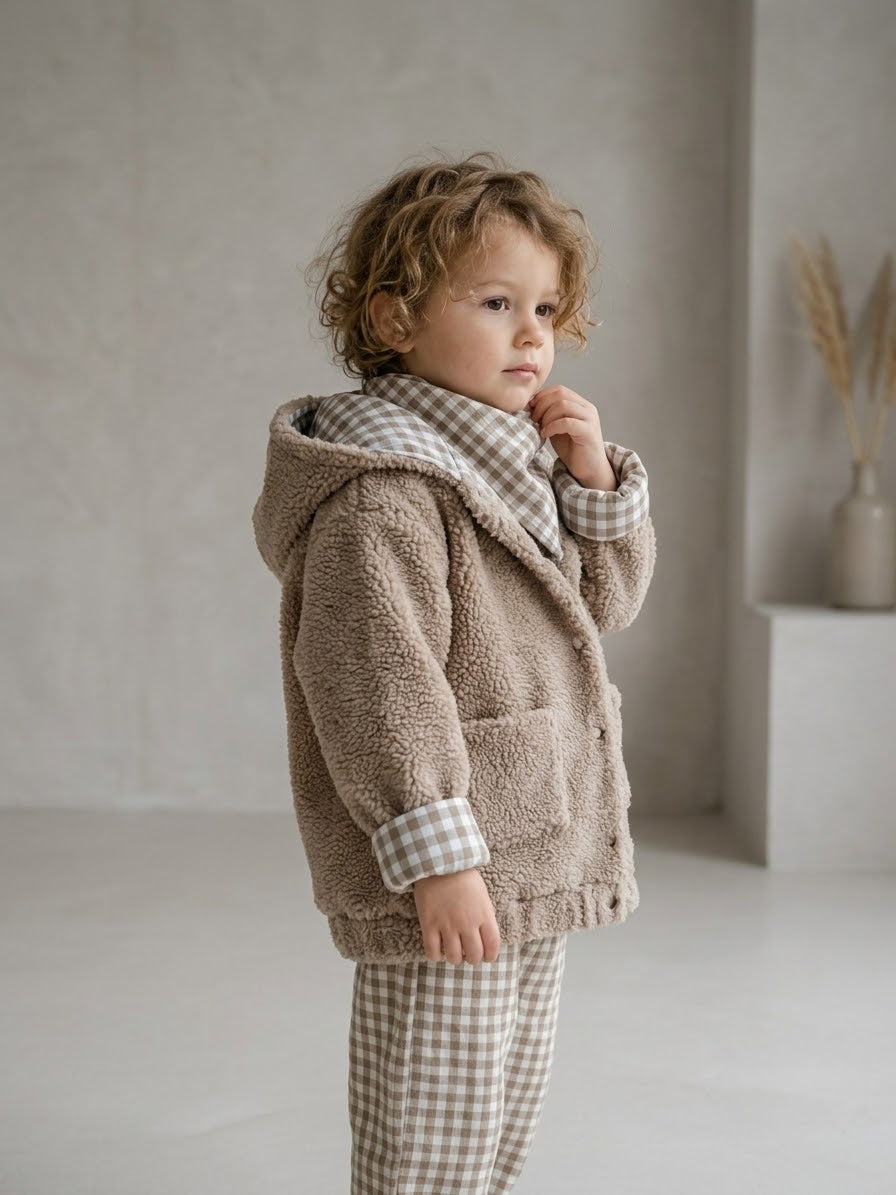 Handgemachte Kinder Baumwolle Teddyjacke mit Karofutter – Kuschelige Übergangsjacke (Unisex)