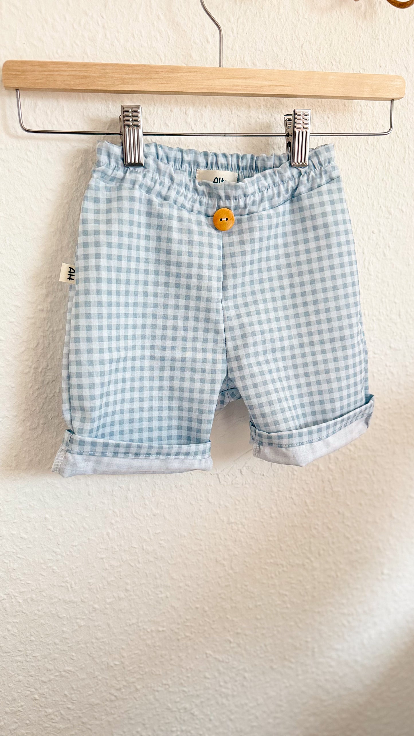 Handgemachte Baby & Kinder Gingham-Shorts aus Bio-Baumwoll-Popeline – Salbeiblau/Weiß