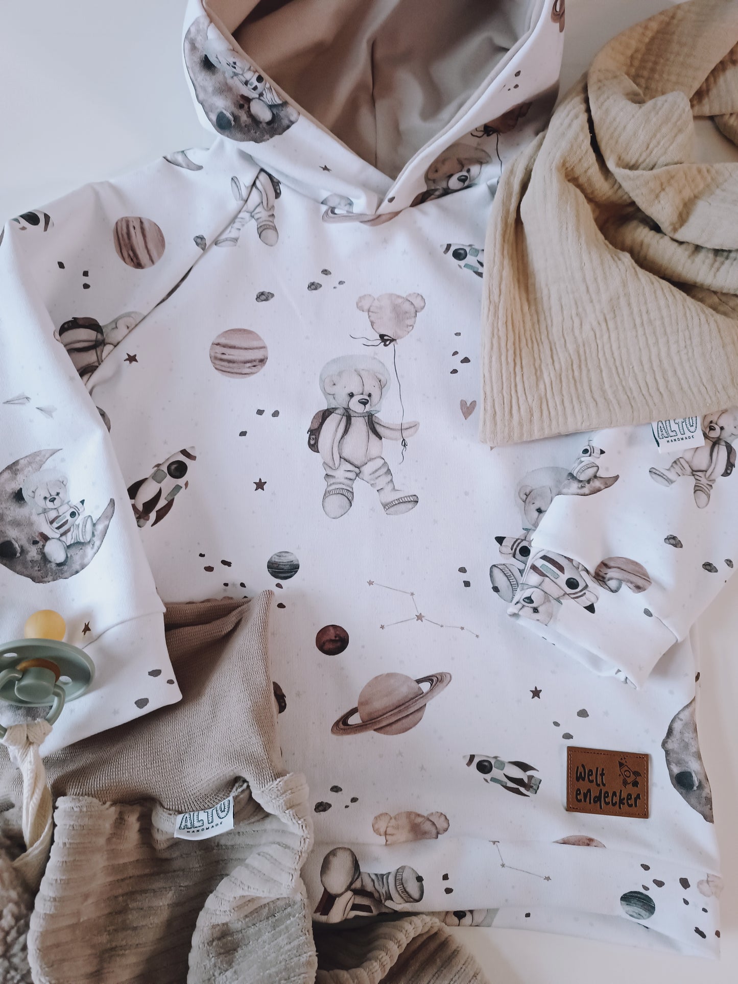 Baby Toddler Kleidung Set Pumphose Mitwachshose Hooded Pullover Teddy in Space Handmade