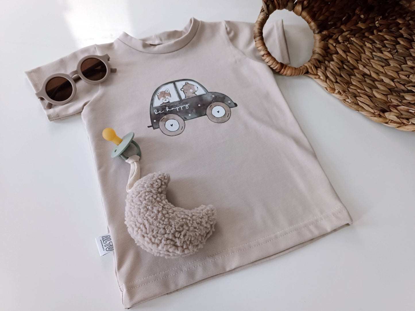 Beige Jersey Handmade T Shirt Be Happy - AltuHandmade AltuHandmade Beige Jersey Handmade T Shirt Be Happy